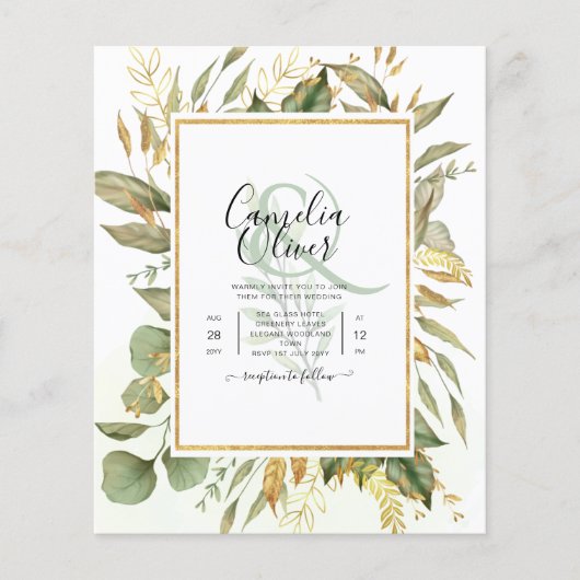 BUDGET All-in-1 Greenery Gold Leaves Wedding Flyer (Voorkant)