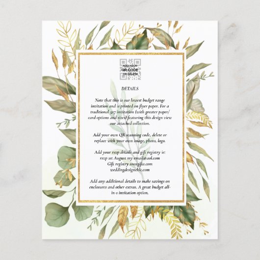 BUDGET All-in-1 Greenery Gold Leaves Wedding Flyer (Achterkant)