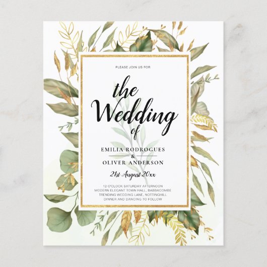 BUDGET All-in-1 Greenery Gold Leaves Wedding Flyer (Voorkant)