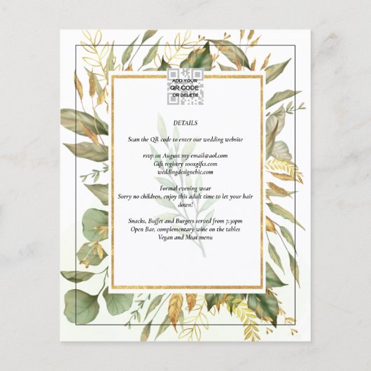 BUDGET All-in-1 Greenery Gold Leaves Wedding Flyer (Achterkant)
