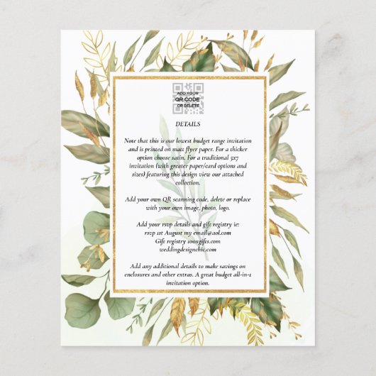 BUDGET All-in-1 Greenery Gold Leaves Wedding Flyer (Achterkant)