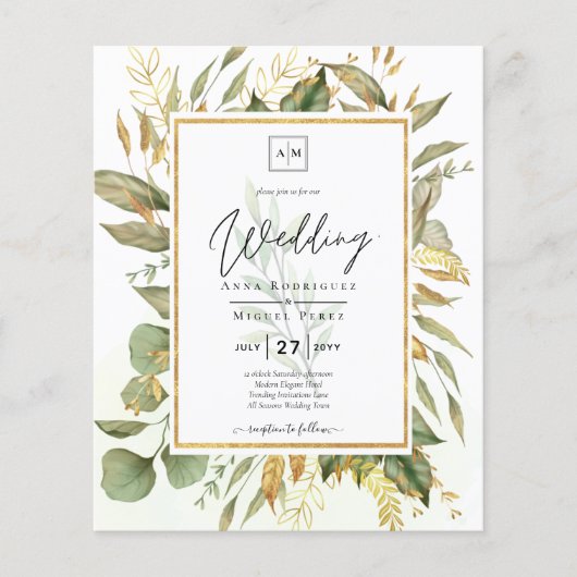 BUDGET All-in-1 Greenery Gold Leaves Wedding Flyer (Voorkant)