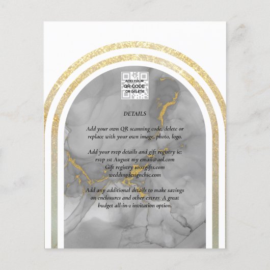 BUDGET All-in-1 Grey Gold Arch Modern Wedding QRCd Flyer (Achterkant)