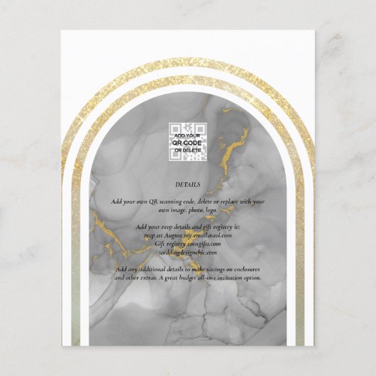 BUDGET All-in-1 Grey Gold Arch Modern Wedding QRCd Flyer (Achterkant)