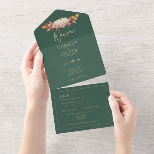BUDGET All-in-1 Herfst Pumpkin Green Gold Wedding All In One Uitnodiging (Afscheurbaar)