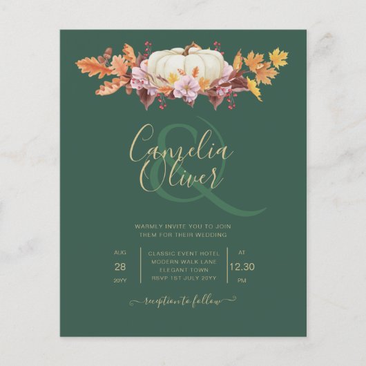 BUDGET All-in-1 Herfst Pumpkin Green Gold Wedding Flyer (Voorkant)