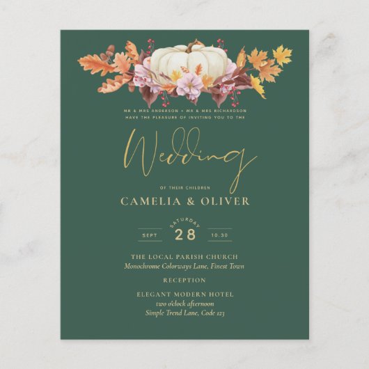 BUDGET All-in-1 Herfst Pumpkin Green Gold Wedding Flyer (Voorkant)