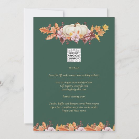 BUDGET All-in-1 Herfst Pumpkin Green Gold Wedding Kaart (Achterkant)