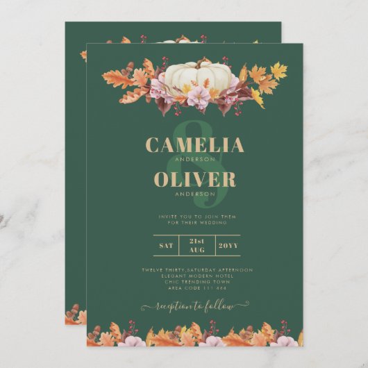 BUDGET All-in-1 Herfst Pumpkin Green Gold Wedding Kaart (Voorkant / Achterkant)