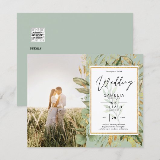 Budget All-in-1 PHOTO Greenery Wedding RSVP QR COD (Voorkant / Achterkant)