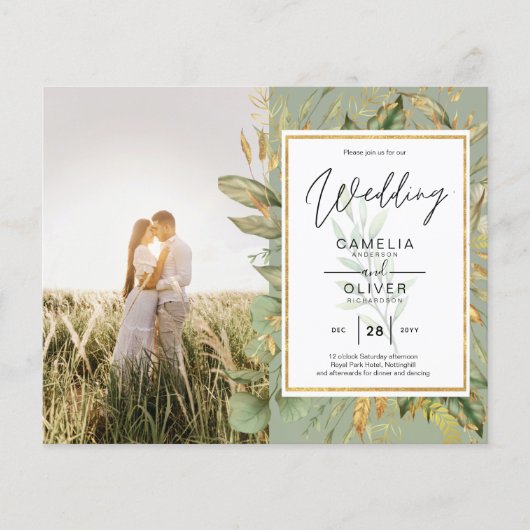 Budget All-in-1 PHOTO Greenery Wedding RSVP QR COD Flyer (Voorkant)