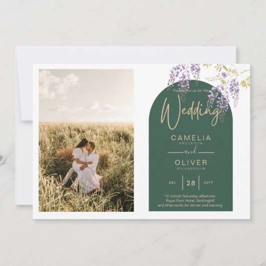Budget All-in-1 PHOTO Wedding Wisteria QR Code INV Kaart (Voorkant)