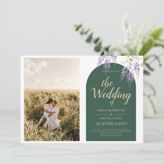 Budget All-in-1 PHOTO Wedding Wisteria QR Code INV Kaart (Staand voorkant)