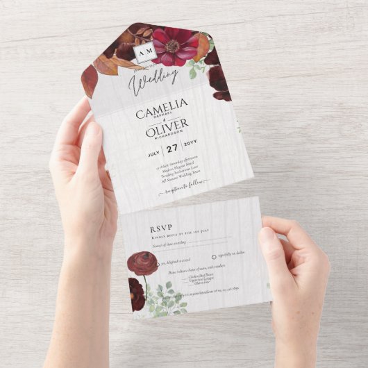 BUDGET All-in-1 Rustic Herfst Maroon Burgundy Wedd All In One Uitnodiging (Afscheurbaar)