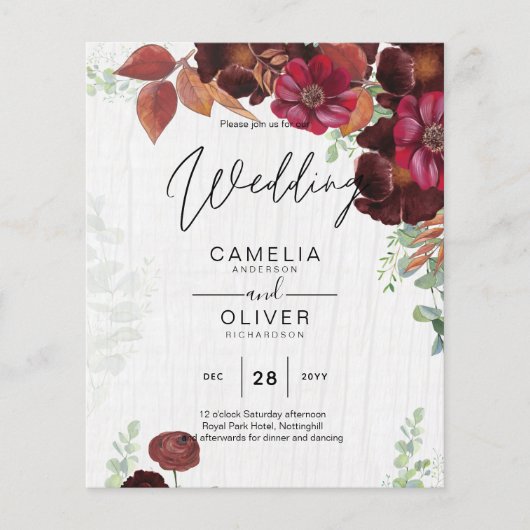 BUDGET All-in-1 Rustic Herfst Maroon Burgundy Wedd Flyer (Voorkant)