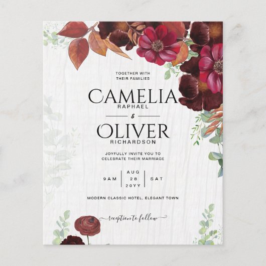 BUDGET All-in-1 Rustic Herfst Maroon Burgundy Wedd Flyer (Voorkant)