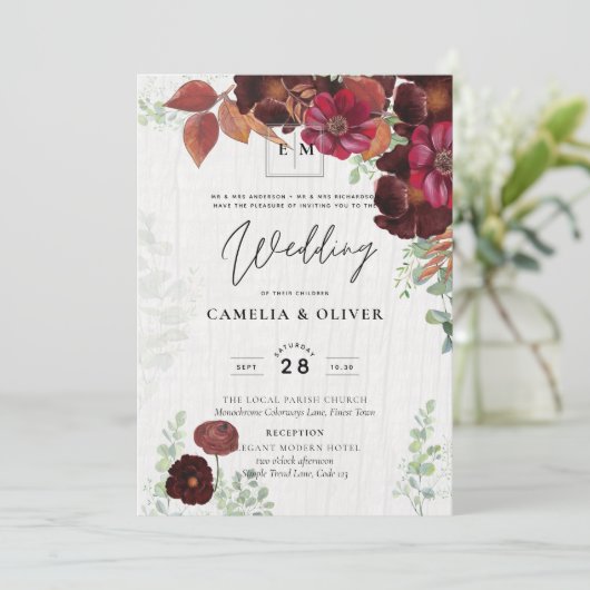 BUDGET All-in-1 Rustic Herfst Maroon Burgundy Wedd Kaart (Staand voorkant)