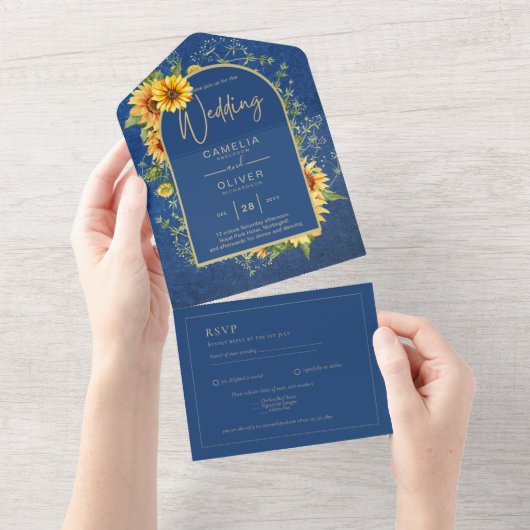 BUDGET All-in-1 Rustic Sunflower BLUE Wedding All In One Uitnodiging (Afscheurbaar)