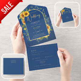BUDGET All-in-1 Rustic Sunflower BLUE Wedding All In One Uitnodiging