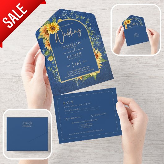 BUDGET All-in-1 Rustic Sunflower BLUE Wedding All In One Uitnodiging