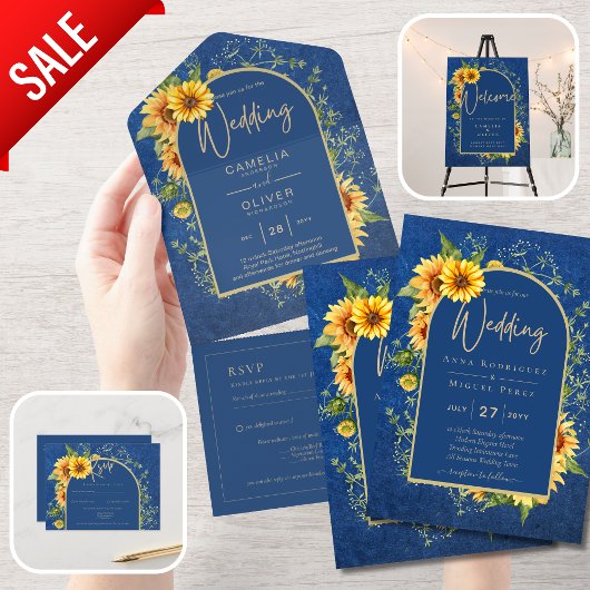 BUDGET All-in-1 Rustic Sunflower BLUE Wedding Briefkaart
