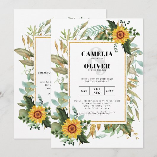 BUDGET All-in-1 Rustic Sunflower Greenery Wedding Kaart (Voorkant / Achterkant)