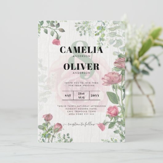 Budget All-in-1 Stof Roze Rozen Bloemen Bruiloft Kaart (Staand voorkant)