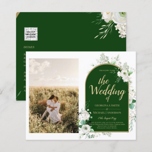Budget All-in-1 White Roses Green Wedding QR Code (Voorkant / Achterkant)