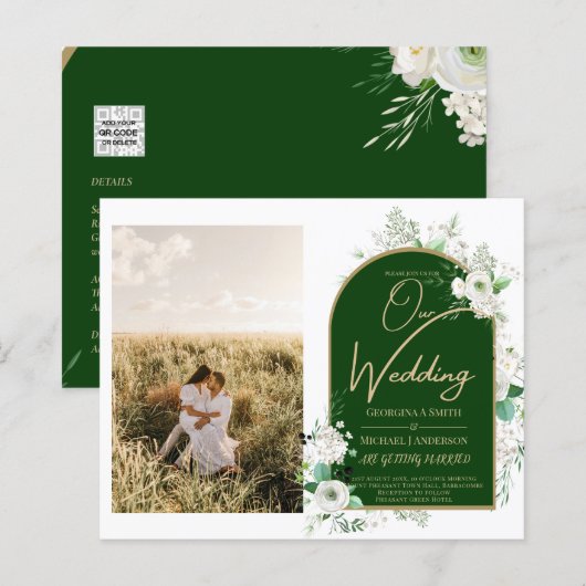Budget All-in-1 White Roses Green Wedding QR Code (Voorkant / Achterkant)