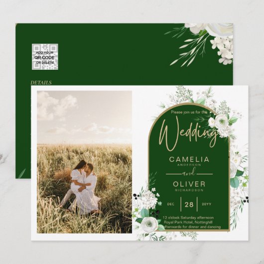 Budget All-in-1 White Roses Green Wedding QR Code Kaart (Voorkant / Achterkant)