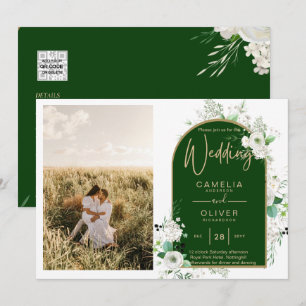 Budget All-in-1 White Roses Green Wedding QR Code Kaart