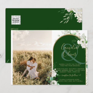 Budget All-in-1 White Roses Green Wedding QR Code Kaart