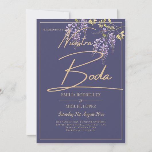 BUDGET All-in-1 Wisteria Dusty Paars Gold Wedding Kaart (Voorkant)