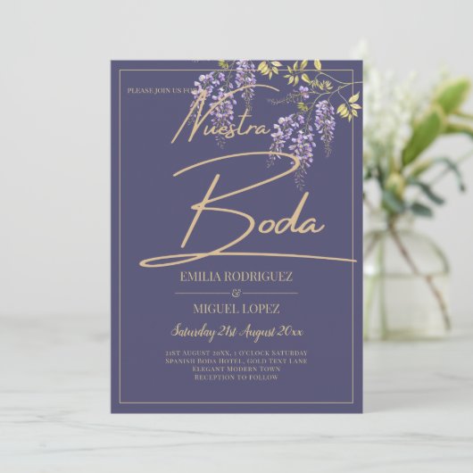 BUDGET All-in-1 Wisteria Dusty Paars Gold Wedding Kaart (Staand voorkant)