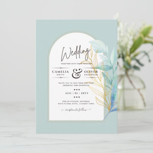 BUDGET All-in-1 Zee Glass Gold Leaf Sage Wedding Kaart (Staand voorkant)