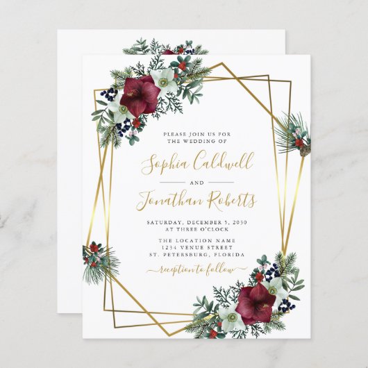 Budget All in One Amaryllis Pine Wedding Invite (Voorkant / Achterkant)
