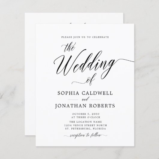 Budget All in One Black Calligraphy Wedding Invite (Voorkant / Achterkant)