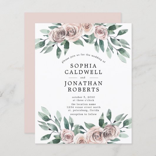 Budget All in One Bohemian Rozen Wedding Invite (Voorkant / Achterkant)
