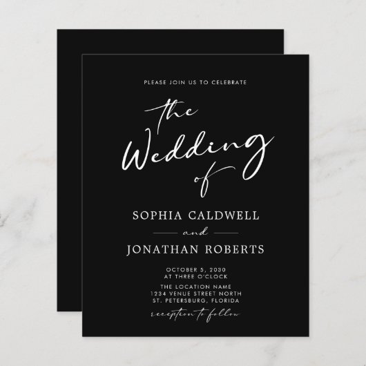 Budget All in One Calligraphy Black Wedding Invite (Voorkant / Achterkant)