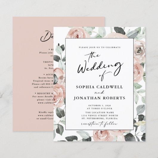 Budget All in One Calligraphy Rozen Trouw Uitnodig (Voorkant / Achterkant)