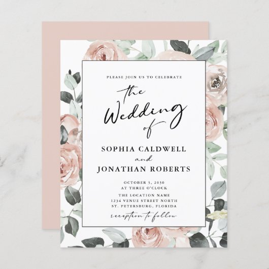 Budget All in One Calligraphy Rozen Wedding Invite (Voorkant / Achterkant)