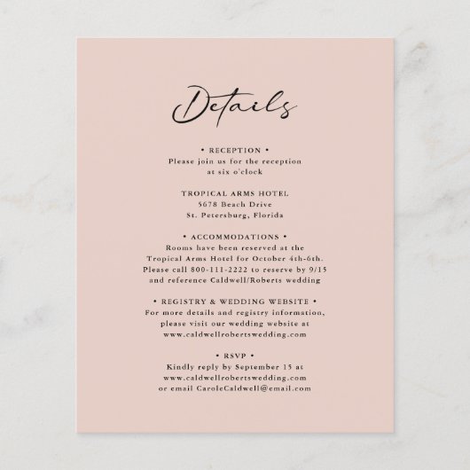 Budget All in One Calligraphy Rozen Wedding Invite (Achterkant)