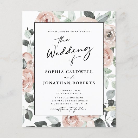 Budget All in One Calligraphy Rozen Wedding Invite (Voorkant)