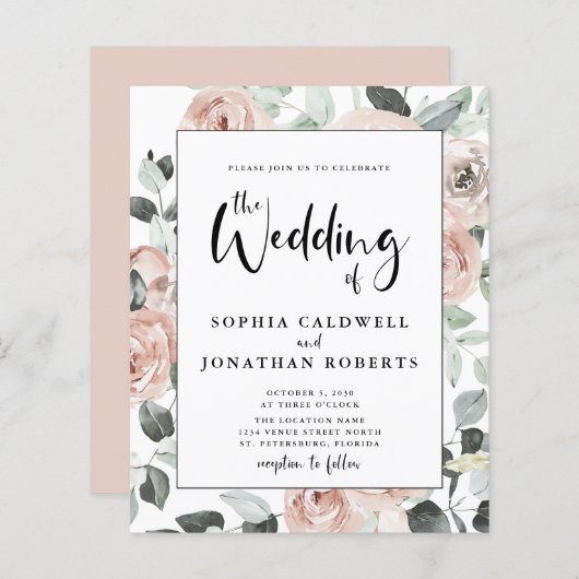 Budget All in One Calligraphy Rozen Wedding Invite (Voorkant / Achterkant)