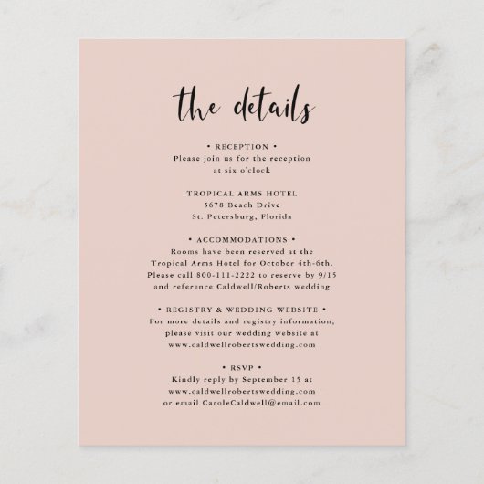 Budget All in One Calligraphy Rozen Wedding Invite (Achterkant)