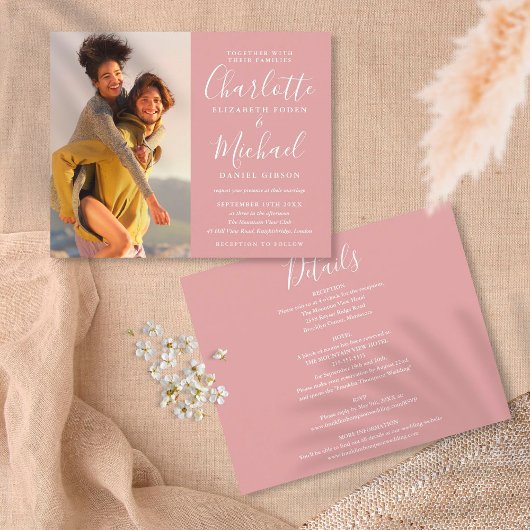 Budget All-in-One Dusty Roos Photo Wedding Invite