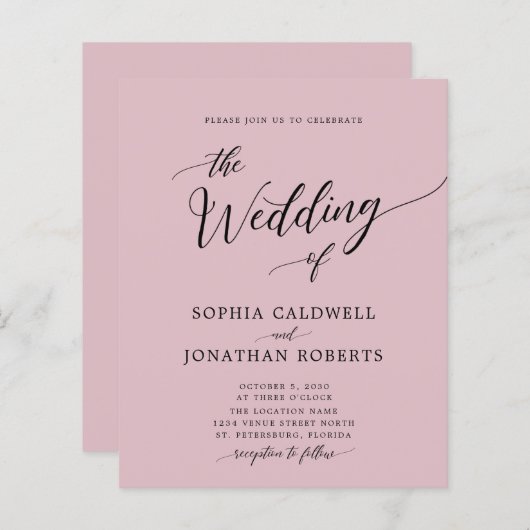Budget All in One Dusty Roos Wedding Invitation (Voorkant / Achterkant)