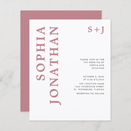 Budget All in One Dusty Roos Wedding Invitation (Voorkant / Achterkant)