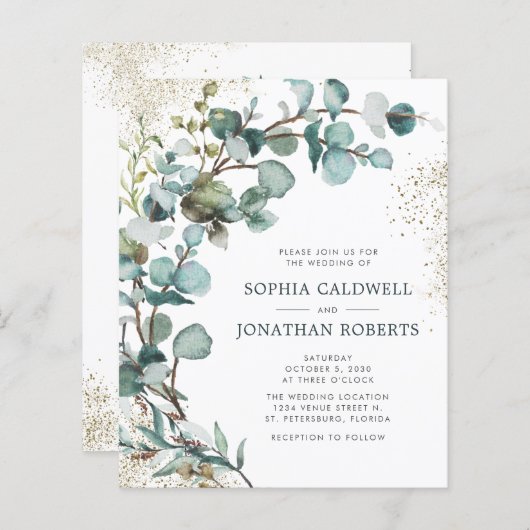 Budget All-in-One Eucalyptus Gold Wedding Invite (Voorkant / Achterkant)