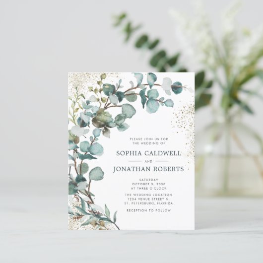Budget All-in-One Eucalyptus Gold Wedding Invite (Staand voorkant)
